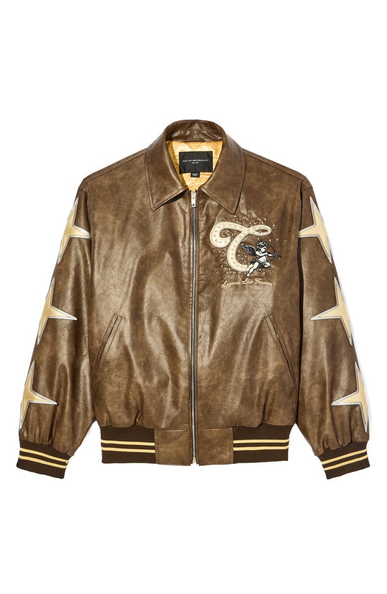 Cult of Individuality Legends Embroidered Faux Leather Varsity Jacket, Alternate, color, Brown