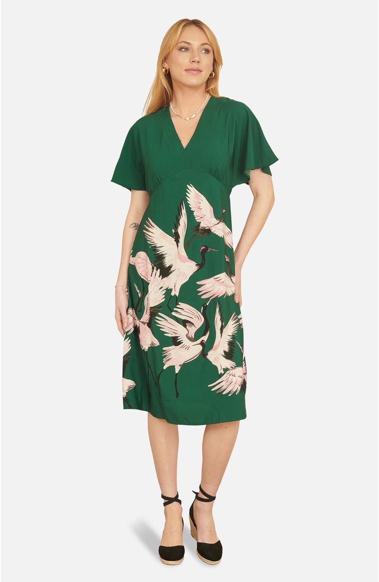 Yumi Crane Print Kimono Midi Dress, Main, color, Green