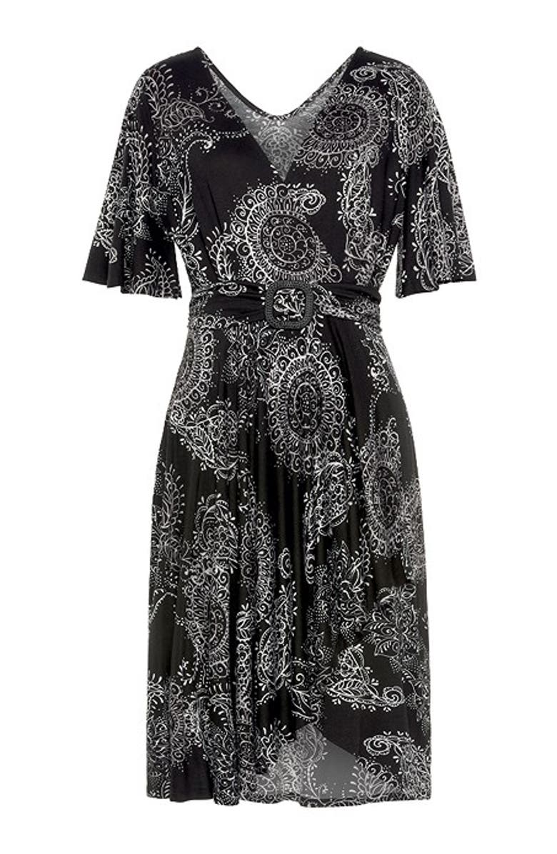 LASCANA Women's Belted Asymmetrical Dress, Alternate, color, Black Printed