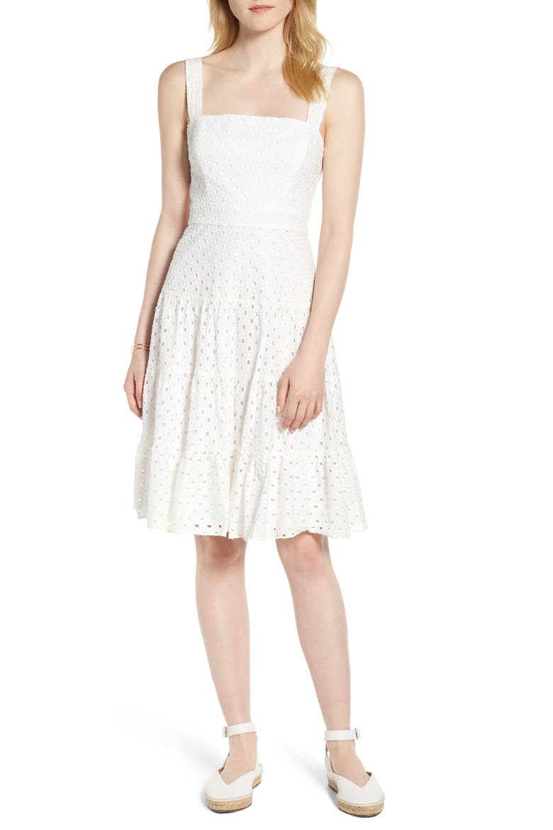 Eyelet Fit & Flare Dress, Main, color, WHITE