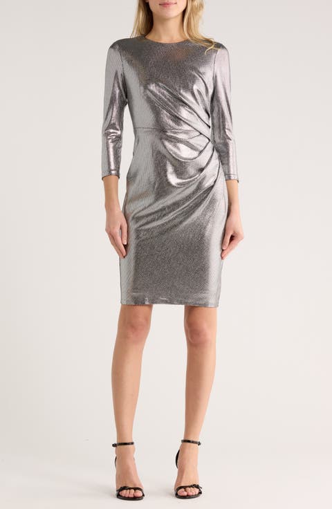 Foiled Pleated Sheath Dress