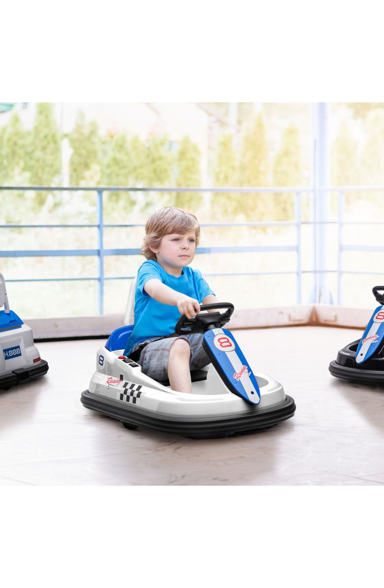 Aosom 6V Kids Bumper Car with 360° Rotation, Twin Motors, Music, Horn, LED, Safety Belt, Alternate, color, White