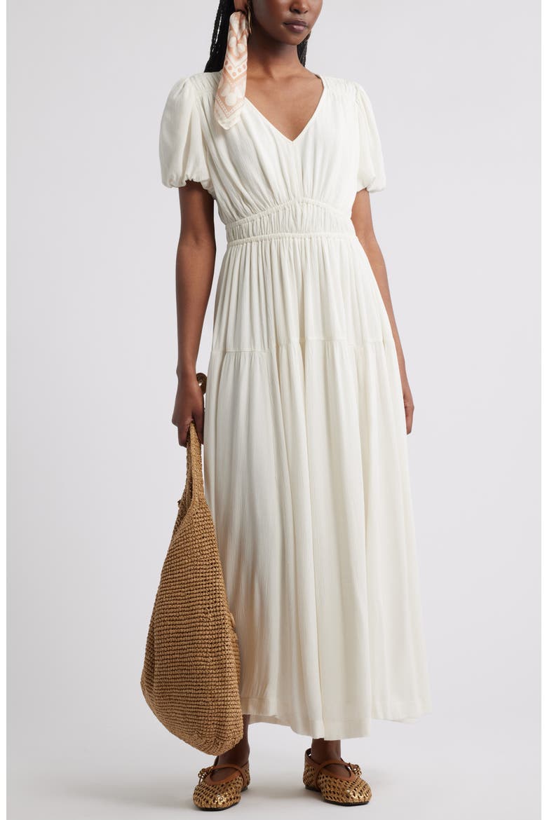 Shirred Puff Sleeve Dress, Alternate, color, IVORY EGRET