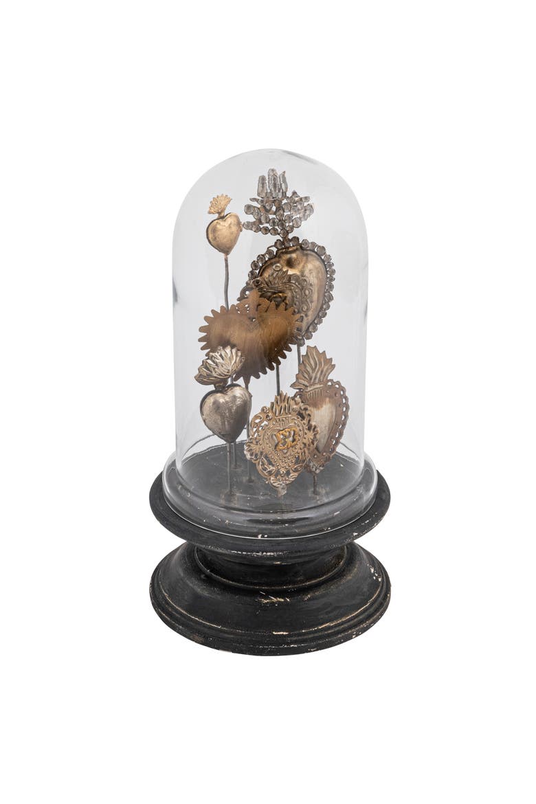 Decorative Tin Sacred Hearts on Wood Pedestal with Glass Cloche, Main, color, Black