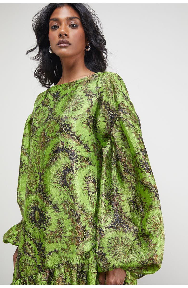 Warehouse Asymmetric Seam Volume Sleeve Midi Dress, Alternate, color, Floral