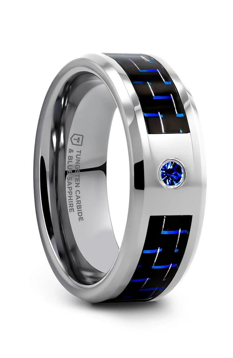 Larson Jewelers Neptune Tungsten Carbide Wedding Band, Main, color, Silver / Black / Blue