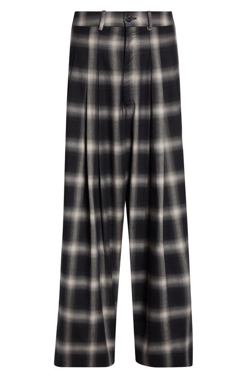 Triple Pleat Ombré Check Wide Leg Flannel Pants