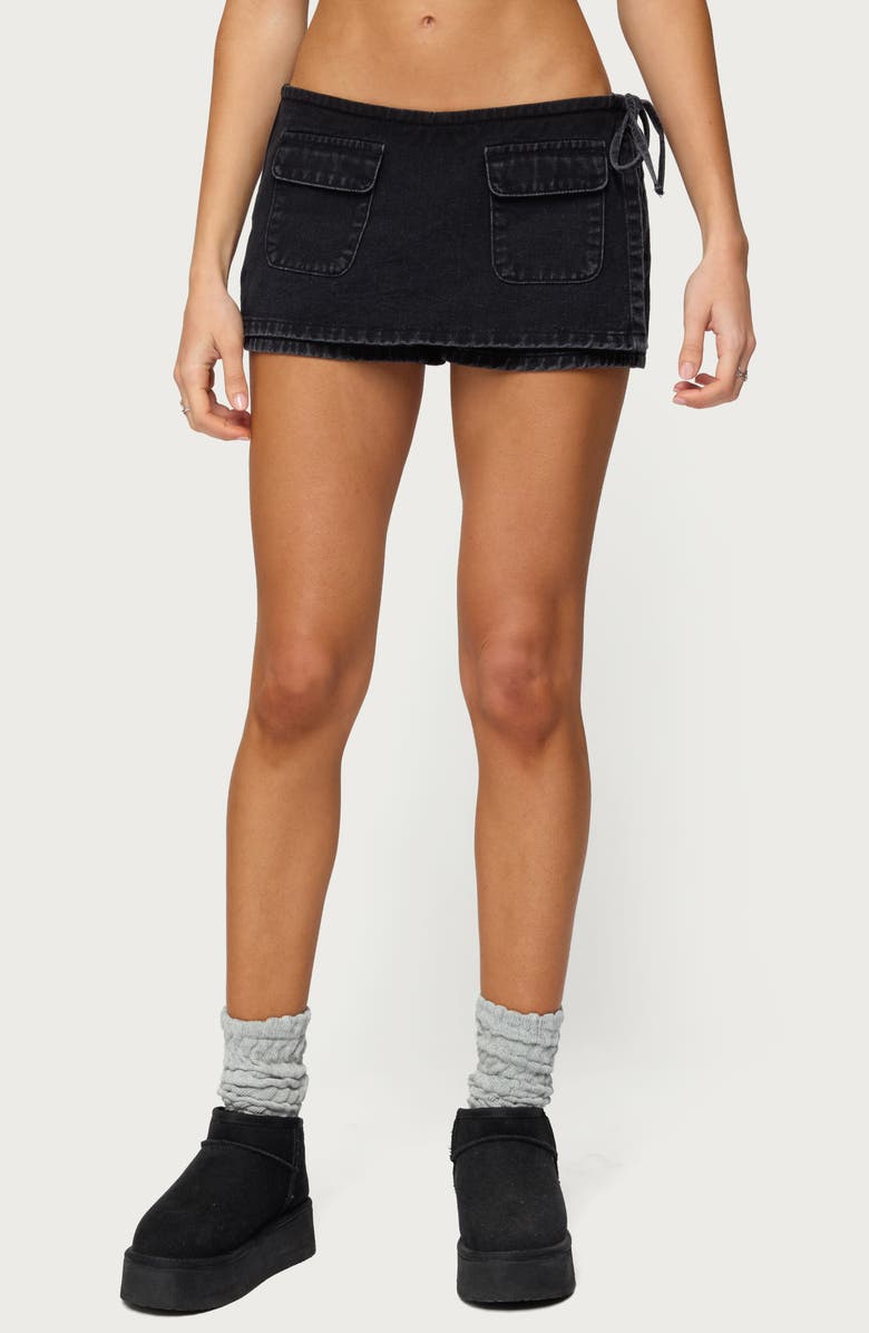 EDIKTED Giselle Wrap Low Rise Denim Miniskort, Main, color, Black-Washed
