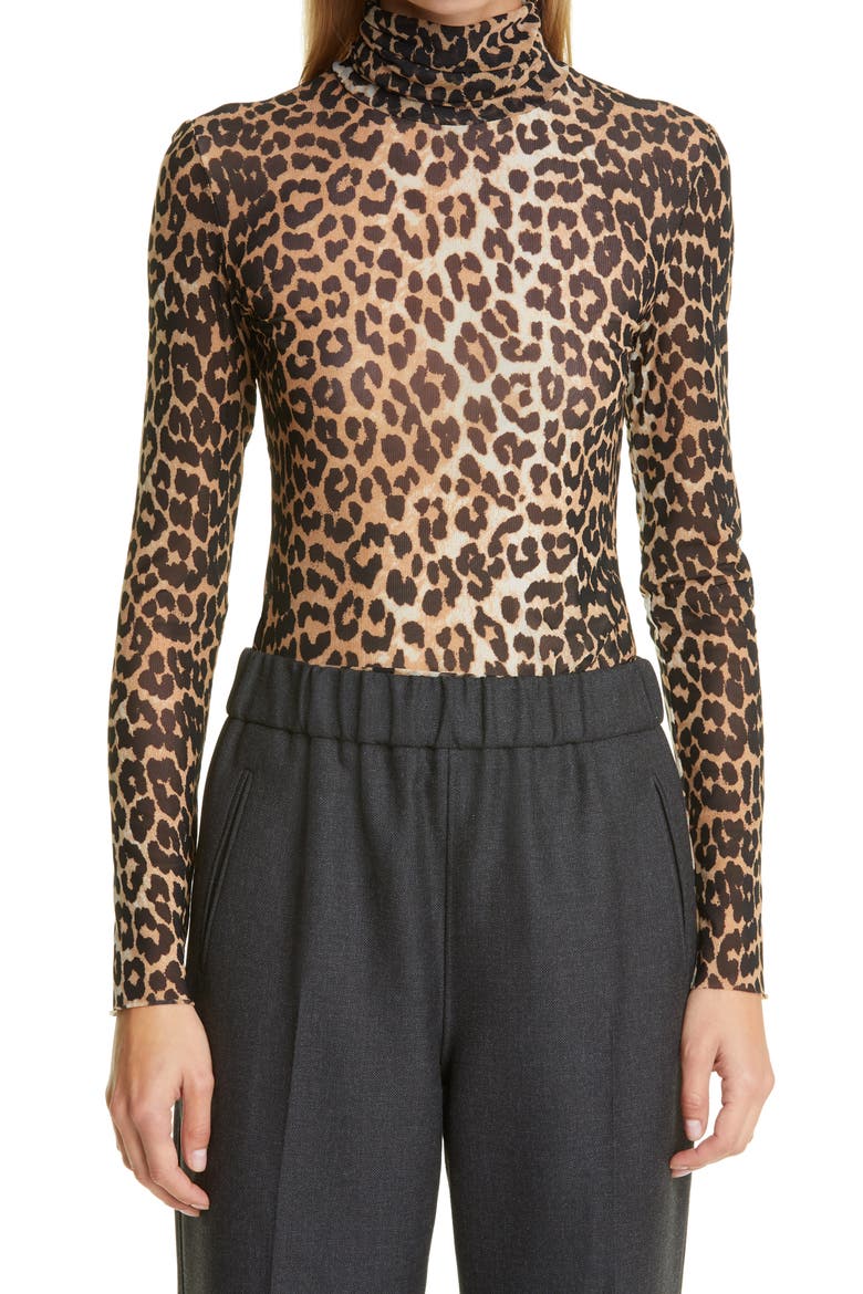 Animal Print Mesh Turtleneck Top, Main, color, LEOPARD