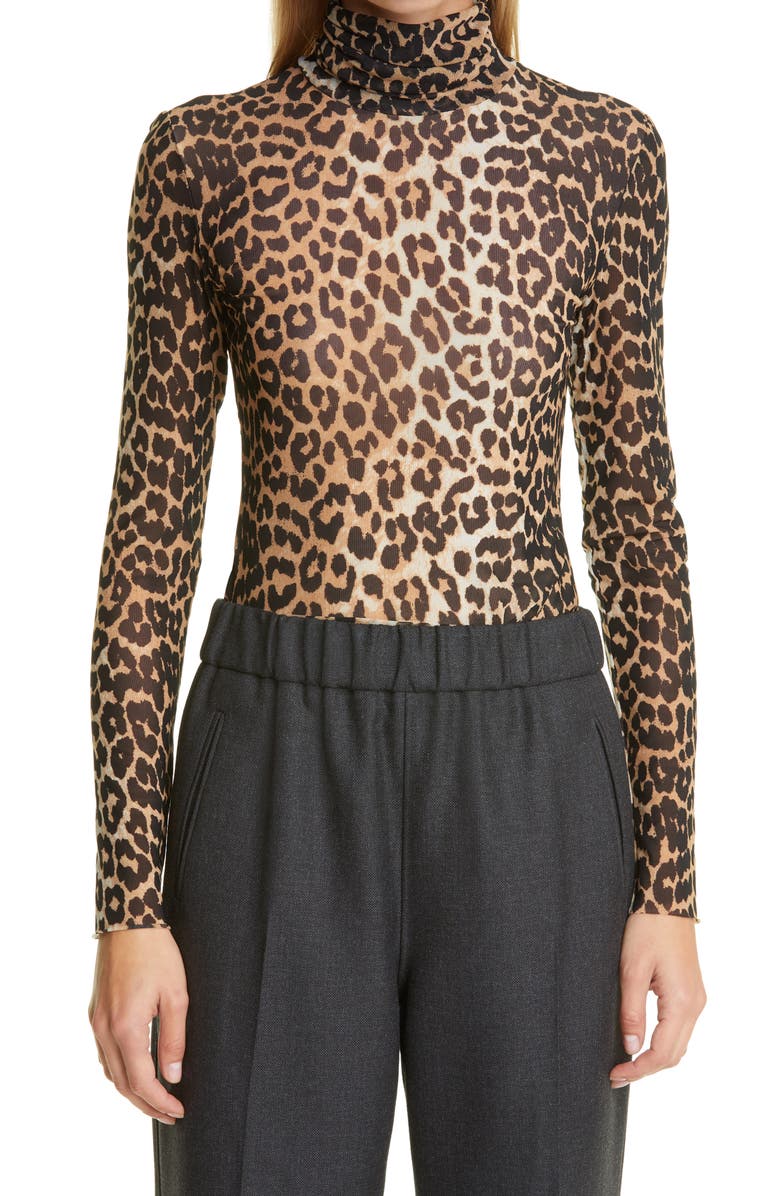 Ganni Animal Print Mesh Turtleneck Top, Main, color,