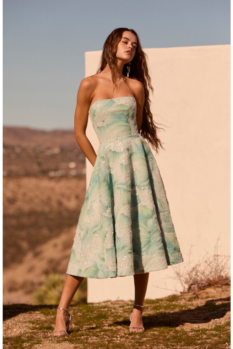 Vivi Bead Detail Print Strapless Cocktail Midi Dress, Alternate, color, SEAFOAM