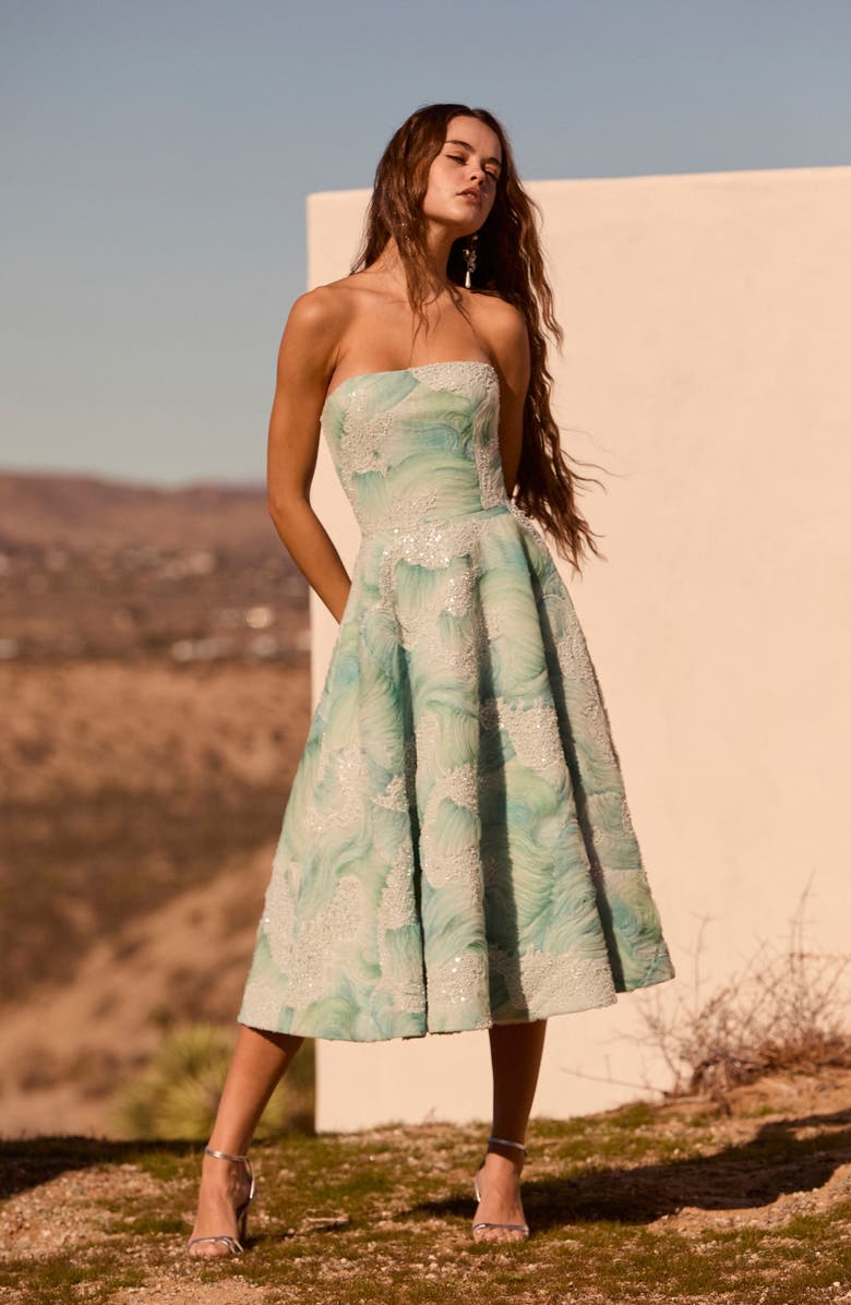 HELSI Vivi Bead Detail Print Strapless Cocktail Midi Dress, Alternate, color, Seafoam