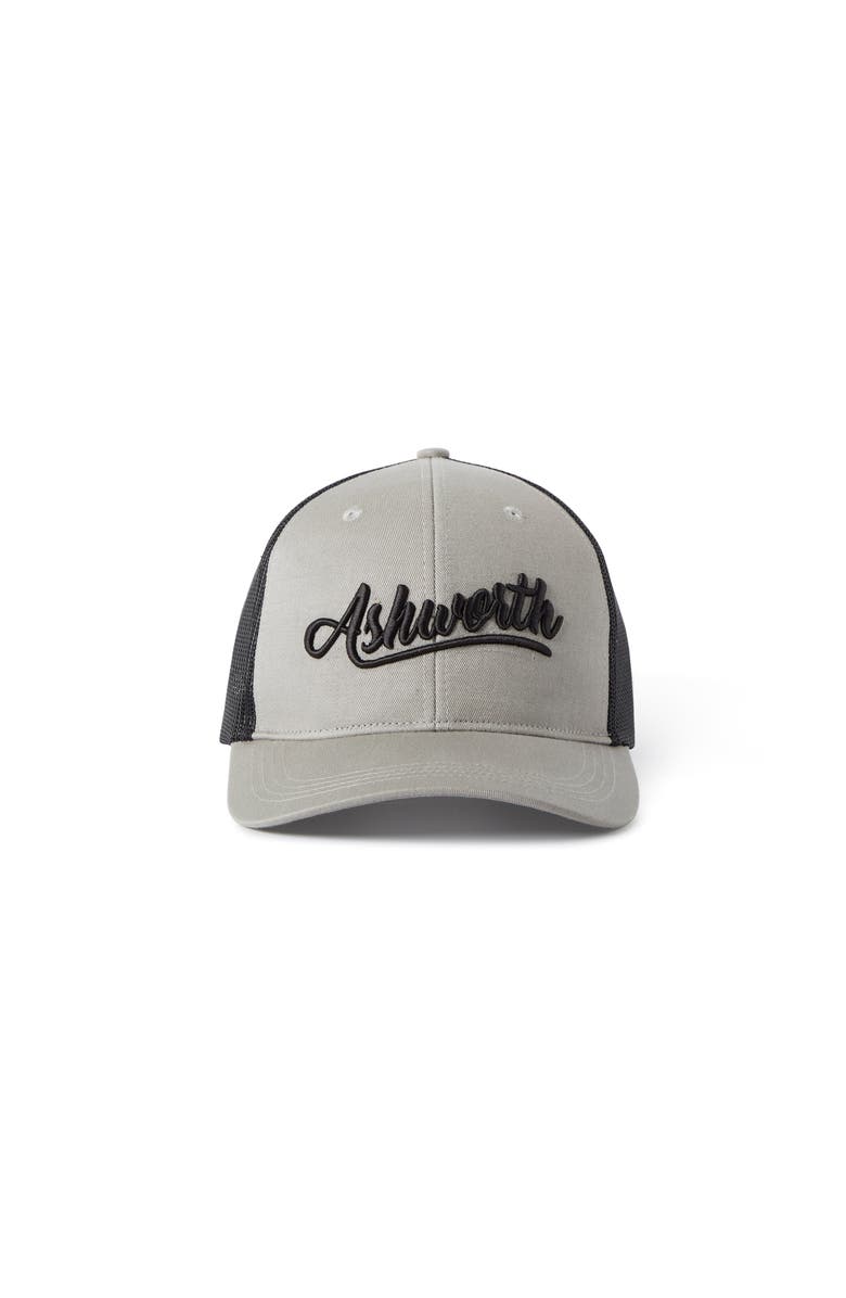 ASHWORTH GOLF Retro Script Meshback Trucker, Main, color, Grey/Black