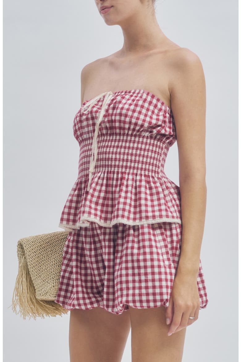 Floral Gingham Smocked Strapless Peplum Top, Alternate, color, BERRY GINGHAM