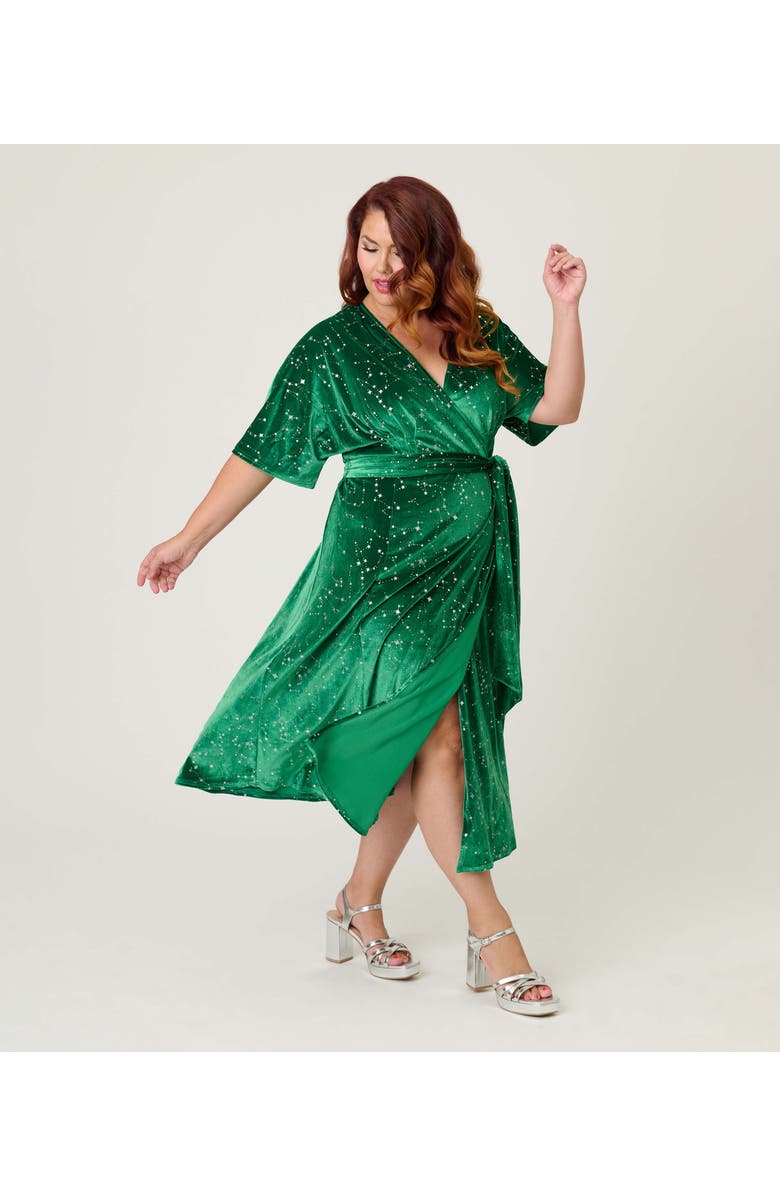 Unique Vintage Plus Size Velvet Tie Wrap Surplice Midi Dress, Alternate, color, Green & Silver