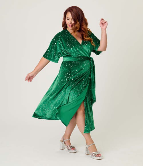 Unique Vintage Plus Size Velvet Tie Wrap Surplice Midi Dress In Green