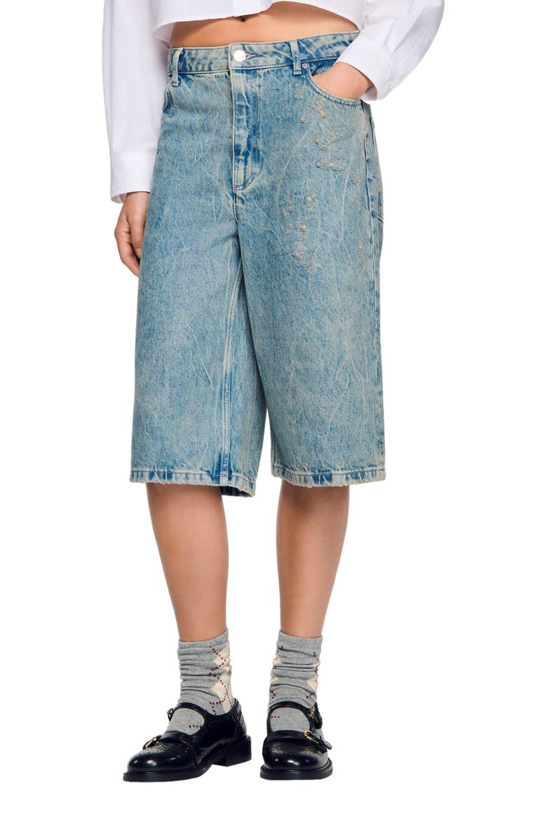 SANDRO Distressed denim Bermuda shorts, Alternate, color, Blue Jean