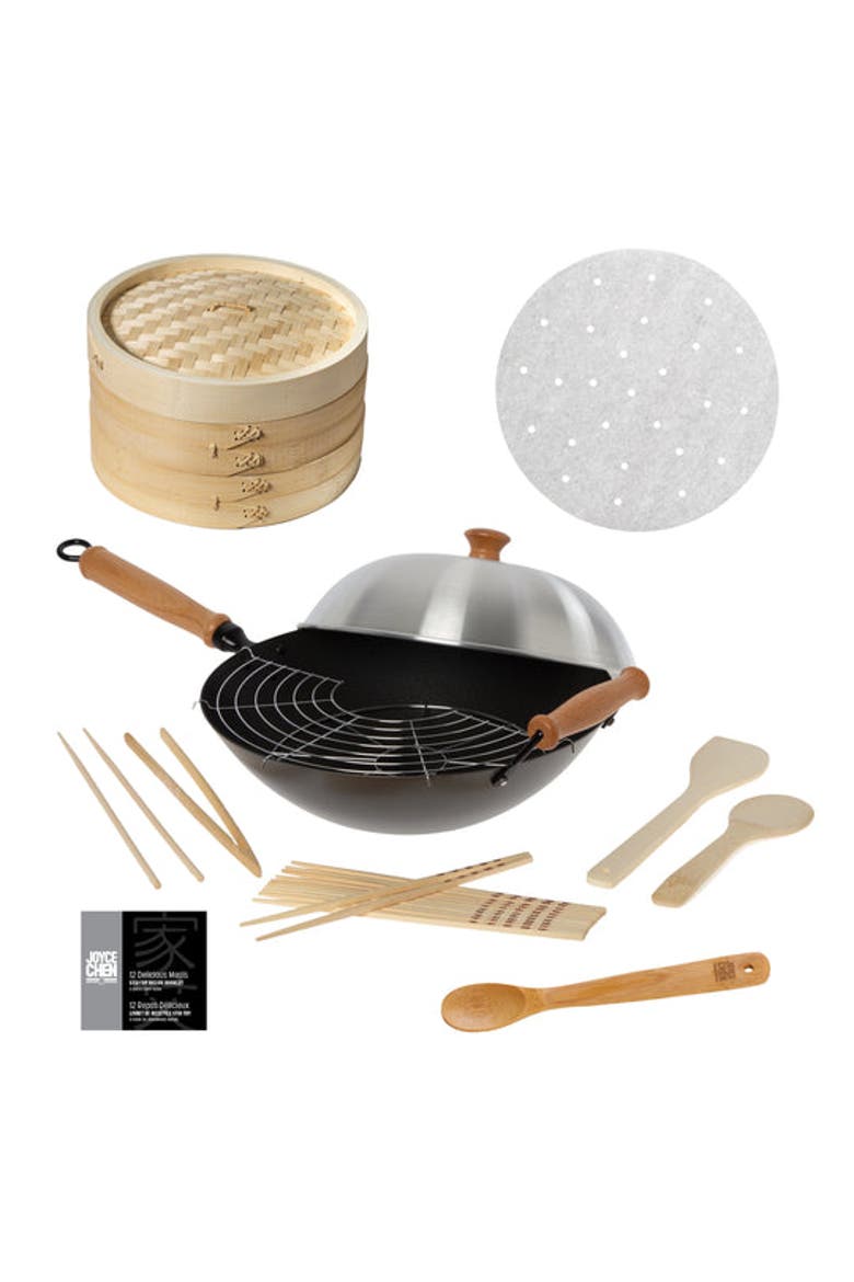 Professional Series Nonstick 14" Wok Bundle, 13 piece, Main, color, Bamboo/Carbon Steel