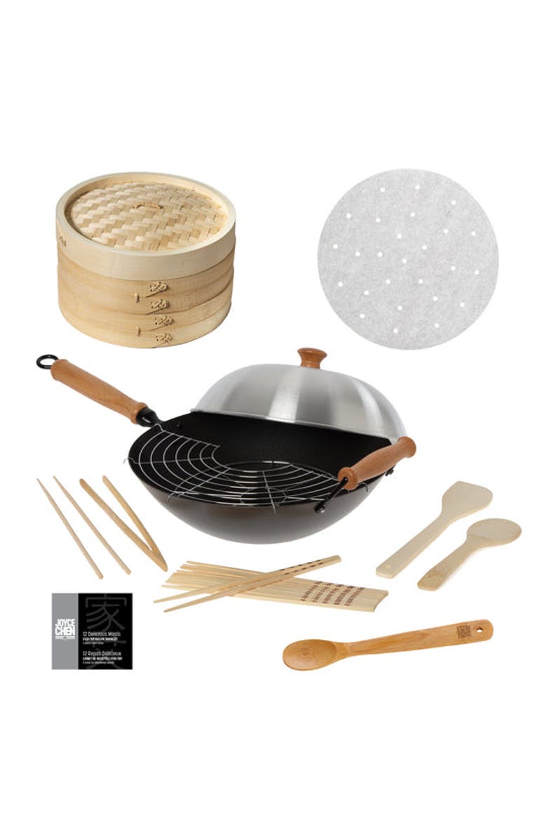 JOYCE CHEN Professional Series Nonstick 14" Wok Bundle, 13 piece, Main, color, Bamboo/Carbon Steel