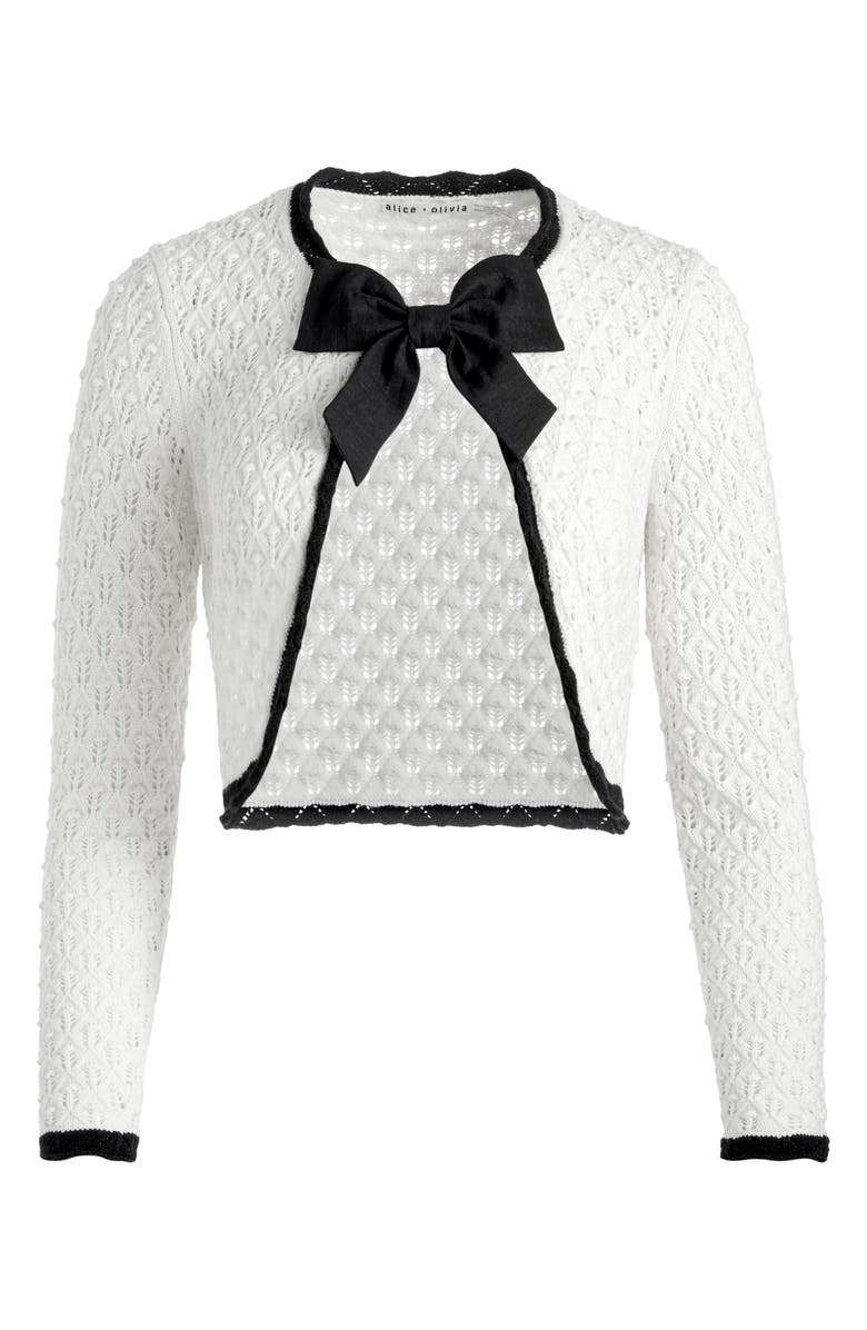 Alice + Olivia Dannie Bow Accent Open Stitch Cotton & Wool Cardigan, Alternate, color, Soft White/ Black