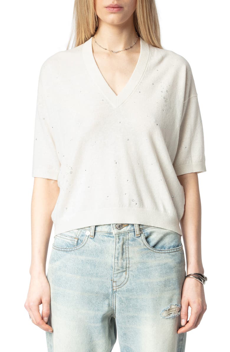 Zadig & Voltaire Wully Lico Embellished Linen Blend V-Neck Sweater, Main, color, Ecru