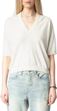 Zadig & Voltaire Wully Lico Embellished Linen Blend V-Neck Sweater