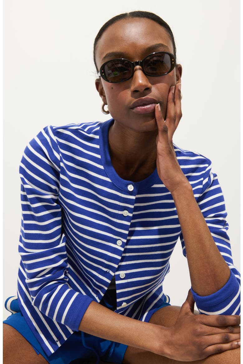 Coco Stripe Crewneck Cardigan, Alternate, color, BLUE / IVORY
