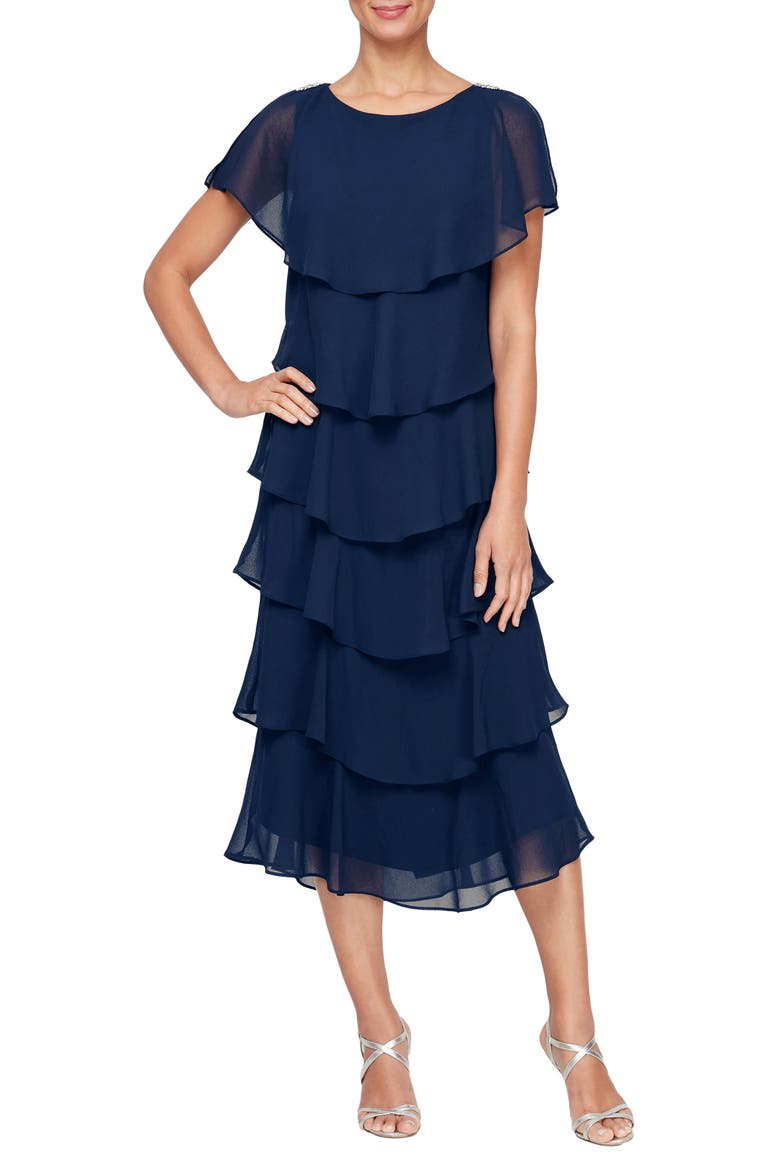 sl fashions tiered chiffon dress Women's Midi - Blue Womens dresses Holiday brunch mini dress Spaghetti/Thin Straps neckline and short length Size:Custom size US