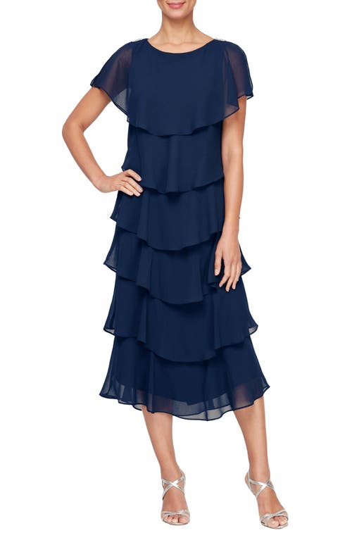 Slny Tiered Chiffon Midi Dress In Navy