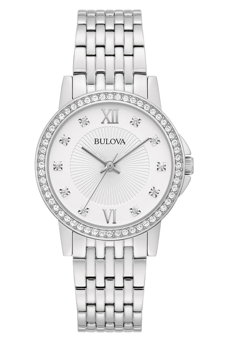 Crystal Embellished Three Hand Quartz Bracelet Watch, 32mm, Main, color, SILVER