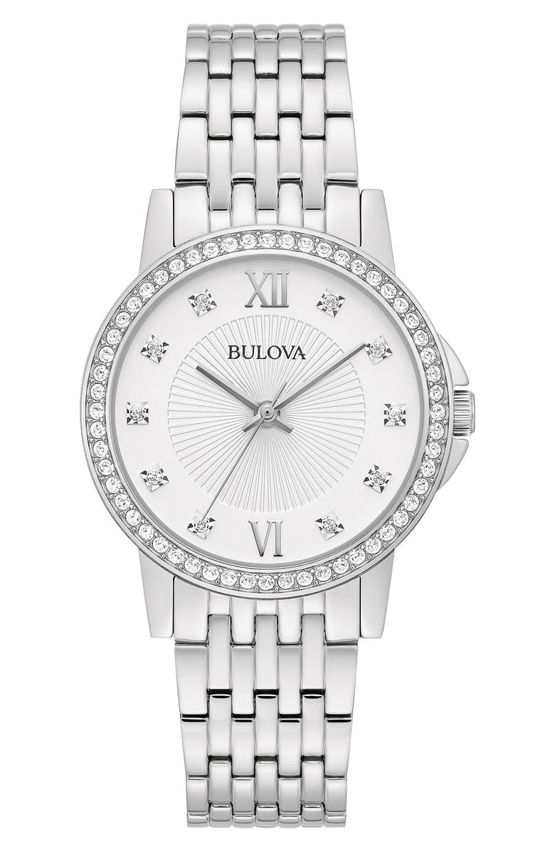 BULOVA Crystal Embellished Three Hand Quartz Bracelet Watch, 32mm, Main, color, Silver