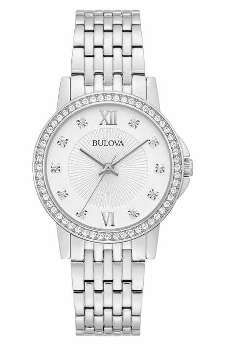 BULOVA Crystal Embellished Three Hand Quartz Bracelet Watch, 32mm