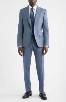 BOSS Huge Slim Fit Blue Microcheck Wool Suit