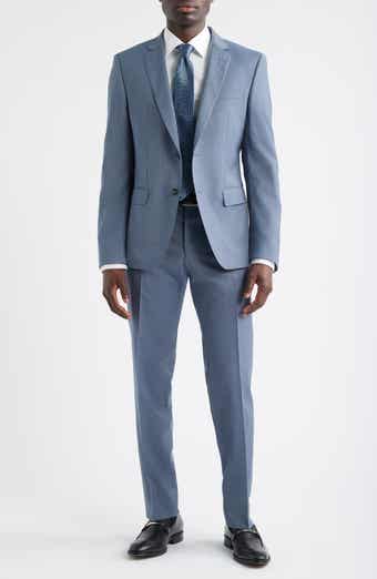 BOSS Huge Slim Fit Blue Microcheck Wool Suit