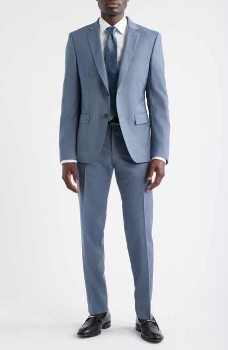BOSS Huge Slim Fit Blue Microcheck Wool Suit
