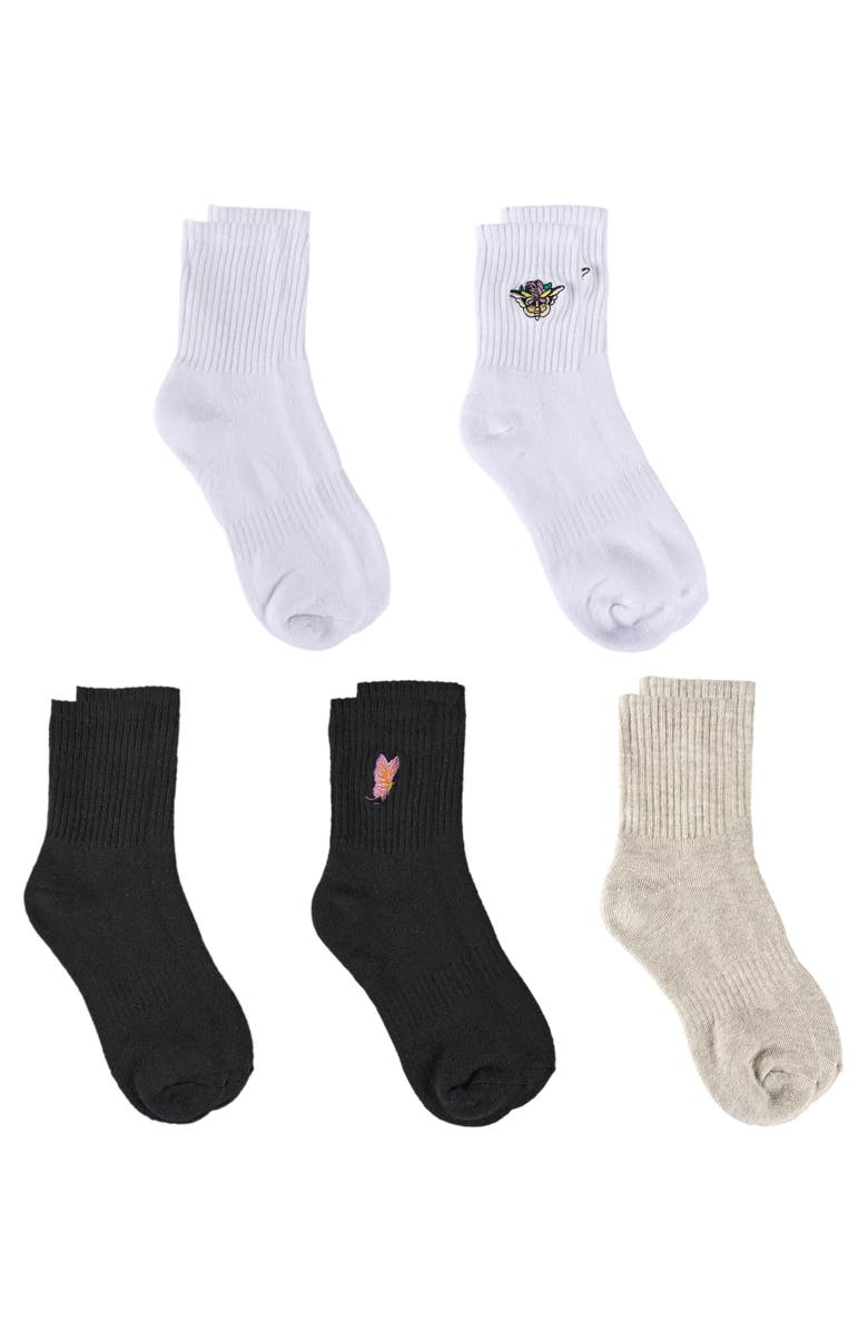 Ed Hardy Womens Flower Embroidery Half Cushion Mid Crew Sock 5-Pack, Alternate, color, White Multi