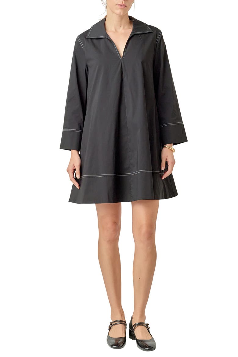 Contrast Stitch Cotton Blend Mini Shirtdress, Main, color, BLACK