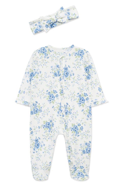 Blue Floral Footie & Headband Set (Baby) (Nordstrom Exclusive)