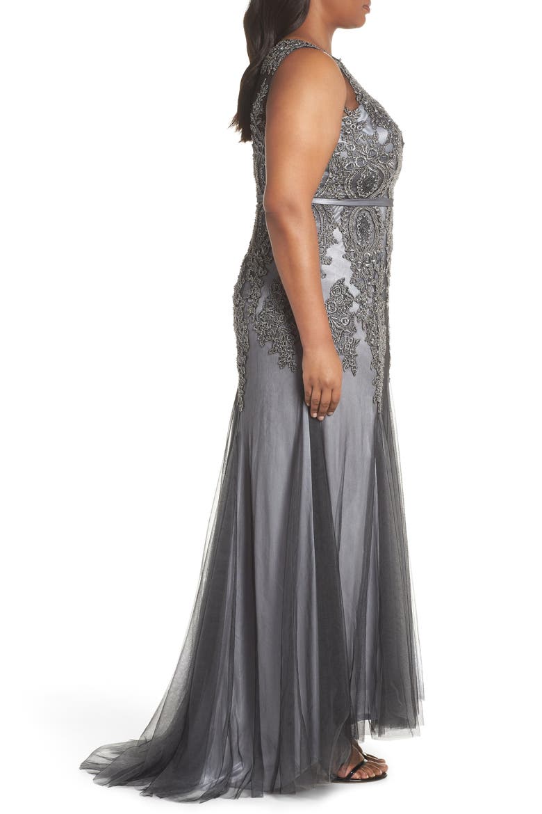Beaded Godet Mesh Trumpet Gown, Alternate, color, CHARCOAL