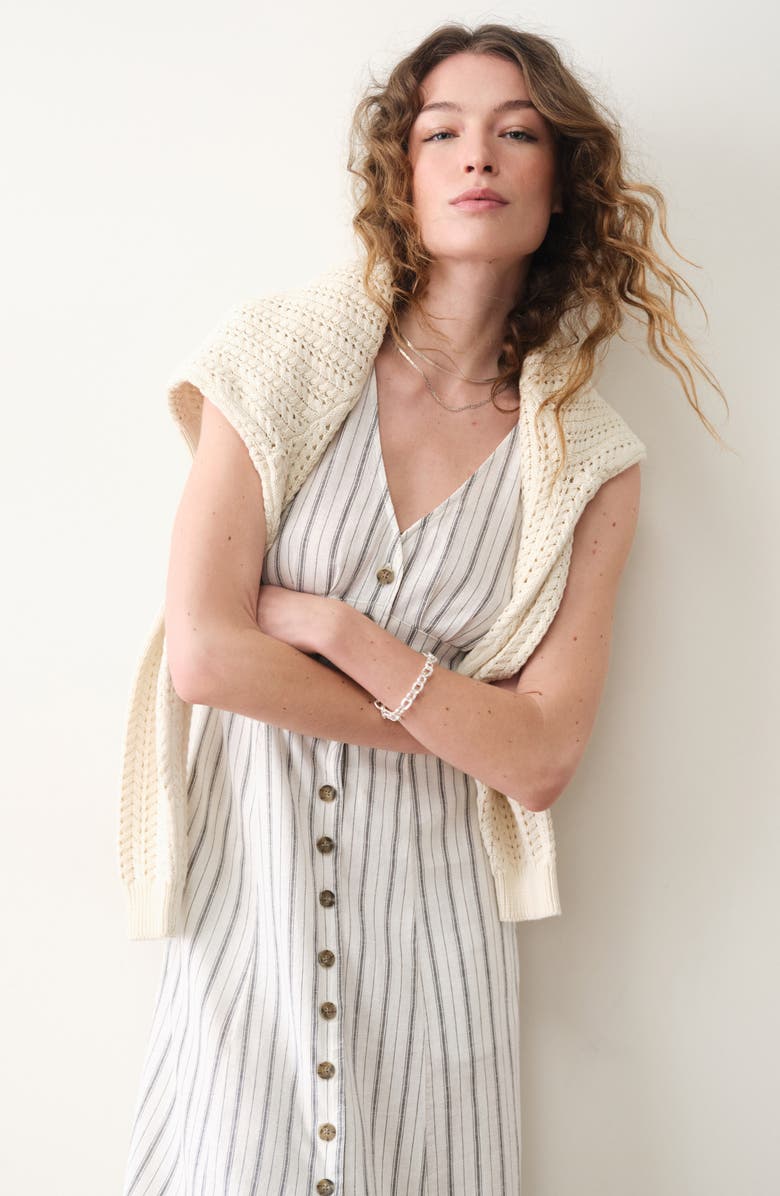Marine Layer Camila Stripe Button Front Hemp Blend Maxi Dress, Alternate, color, Cream/Navy Stripe