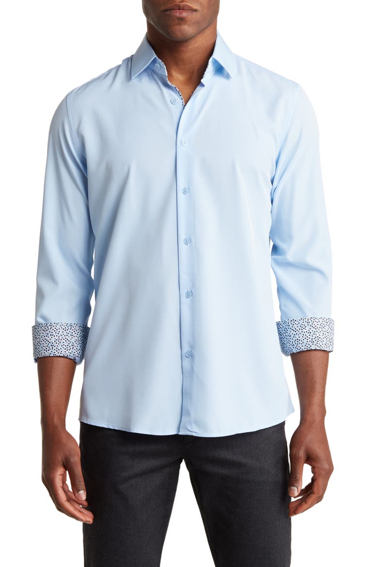 Slim Fit Performance Stretch Long Sleeve Button Front Shirt, Main, color, SKY BLUE