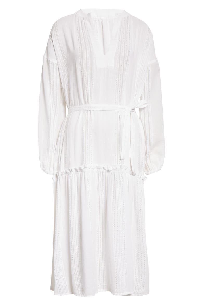 Abira Long Sleeve Tiered Cotton Blend Cover-Up Midi Dress, Alternate, color, WHITE