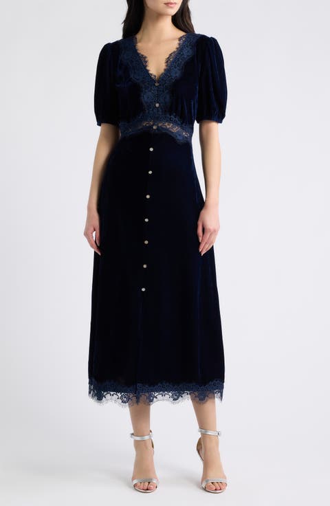Velvet Lace Detail Midi Dress