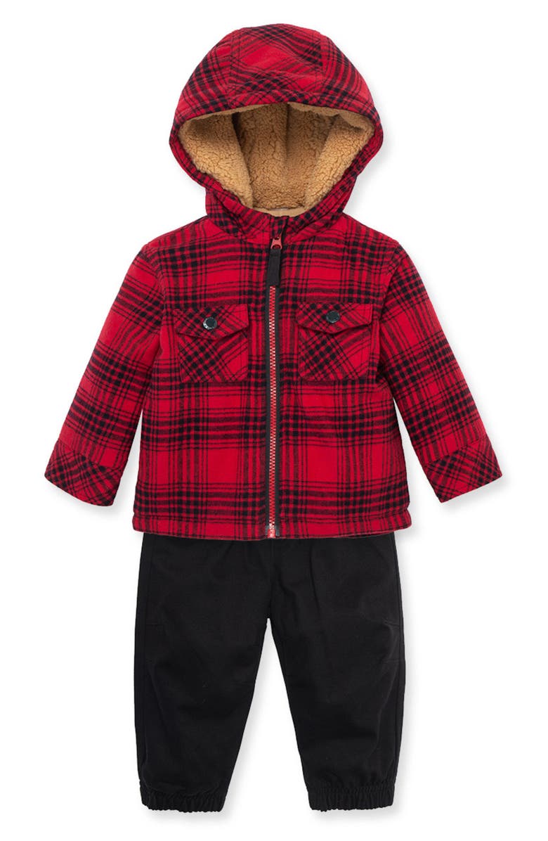 Little Me Plaid Zip-Up Hooded Jacket, Long Sleeve Shirt & Joggers Set, Alternate, color, 