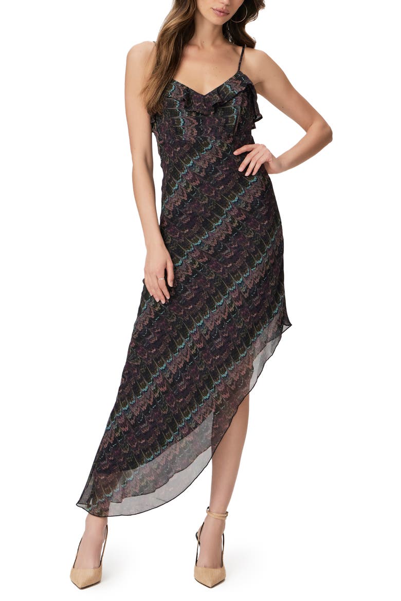 Lilian Ruffle Sleeveless Asymmetric Silk Maxi Dress, Main, color, NAVY MULTI