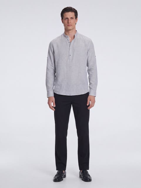 Matteo Linen Half-Placket Band Collar Shirt