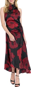 London Times Mock Neck Ruched Asymmetric Dress