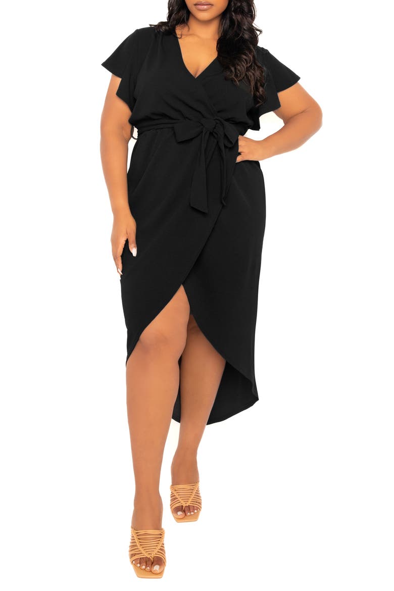 Flutter Sleeve High-Low Faux Wrap Dress, Main, color, BLACK