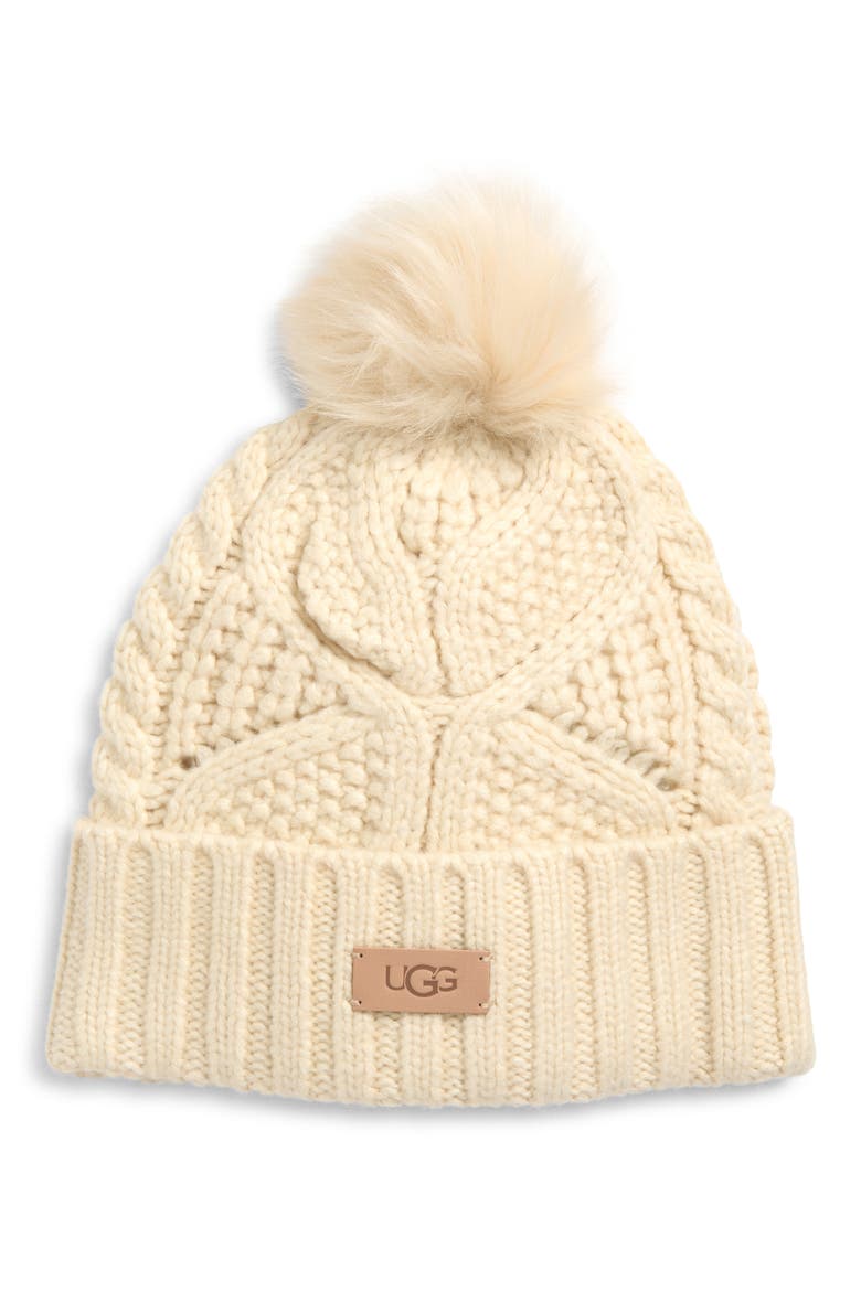 Faux Fur Pompom Cable Knit Beanie, Main, color, CREAM