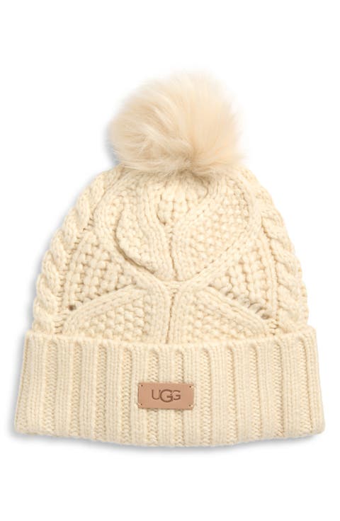 Faux Fur Pompom Cable Knit Beanie
